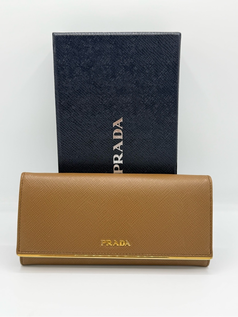 Prada Saffiano Metal Bar Flap Wallet in Caramel / Camello W/ card holder